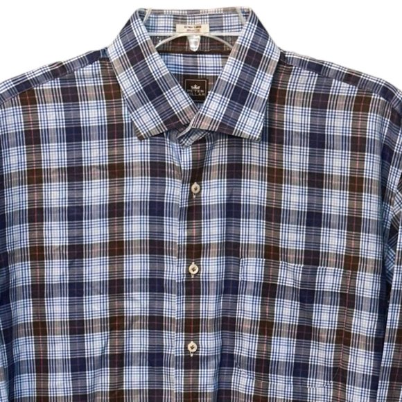 Peter Millar 100% Cotton Blue/Brown‎ Plaid Long Sleeve Button Down Shirt Size XL - Picture 2 of 8
